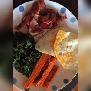 Picture of breakfast with bacon, spinach, roasted carrots, fried eggs