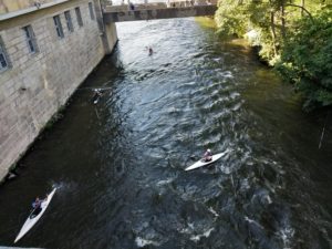 Kayaks under bridge at Bamberg bridge tower